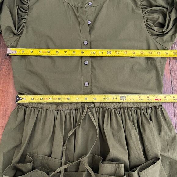 Gap Bubble Sleeve Cotton Poplin Dress Cinch Waist Button Front Size Medium Green - Picture 11 of 15